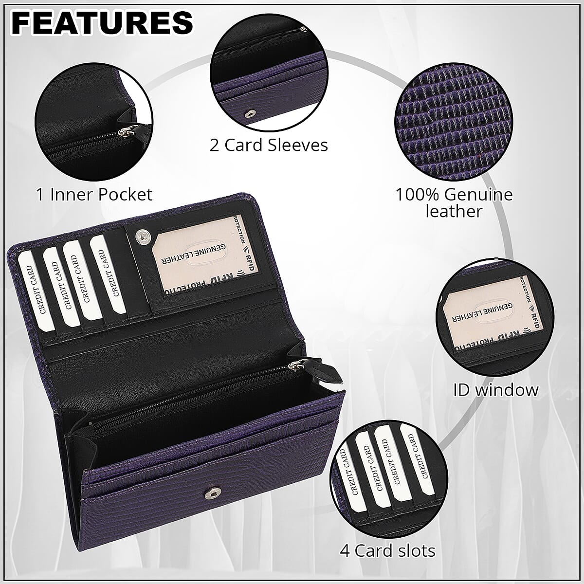 Purple 100% Lizard Embossed RFID Genuine Leather Wallet for Women , Leather Purse , Card Holder , Designer Wallet image number 3