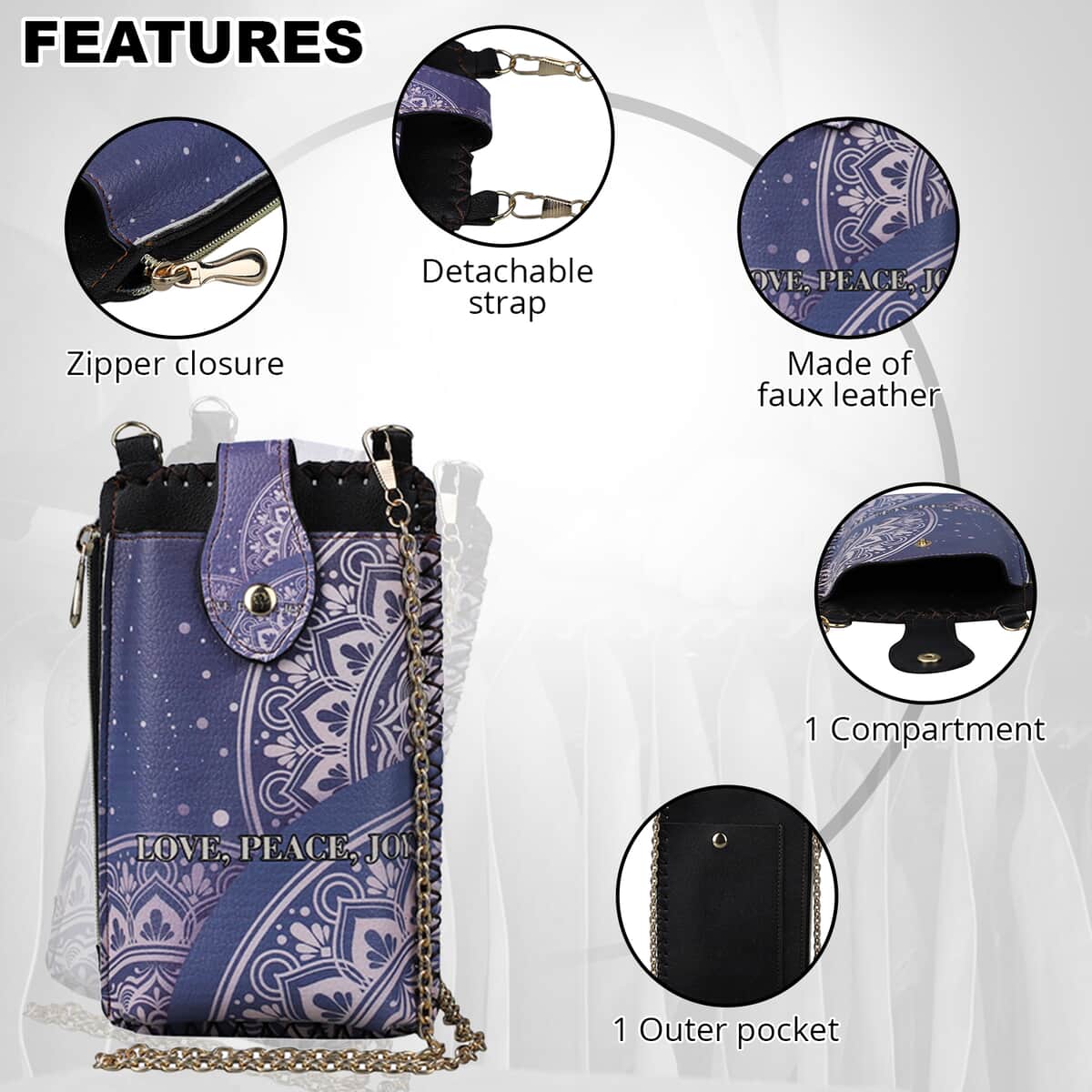 HongKong Closeout Stylish and Classic Bohemian Pattern Cell Phone Bag with Chain Shoulder Strap -Navy image number 2