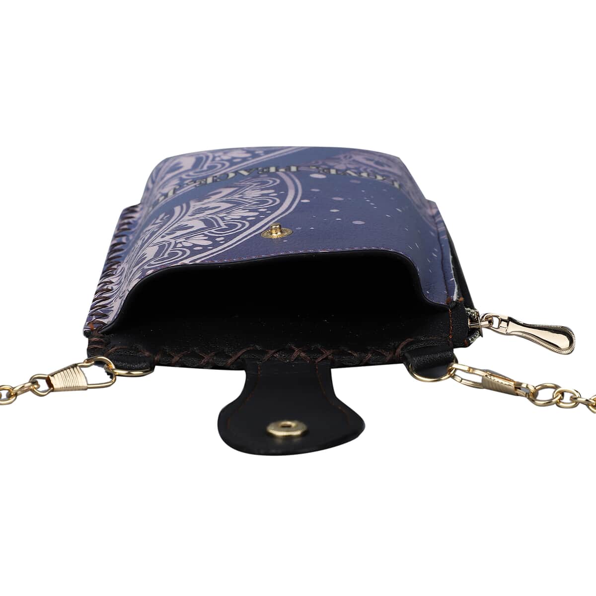 Navy Bohemian Pattern Faux Leather Cell Phone Bag (4.13"x7.09") with Shoulder Strap image number 4