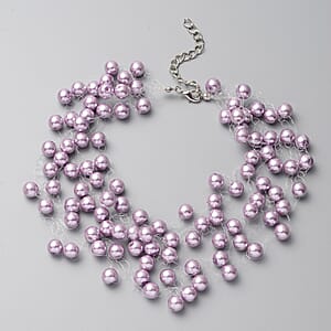 Purple Pearl Glass 7-9mm Beaded Necklace 18 Inches in Silvertone