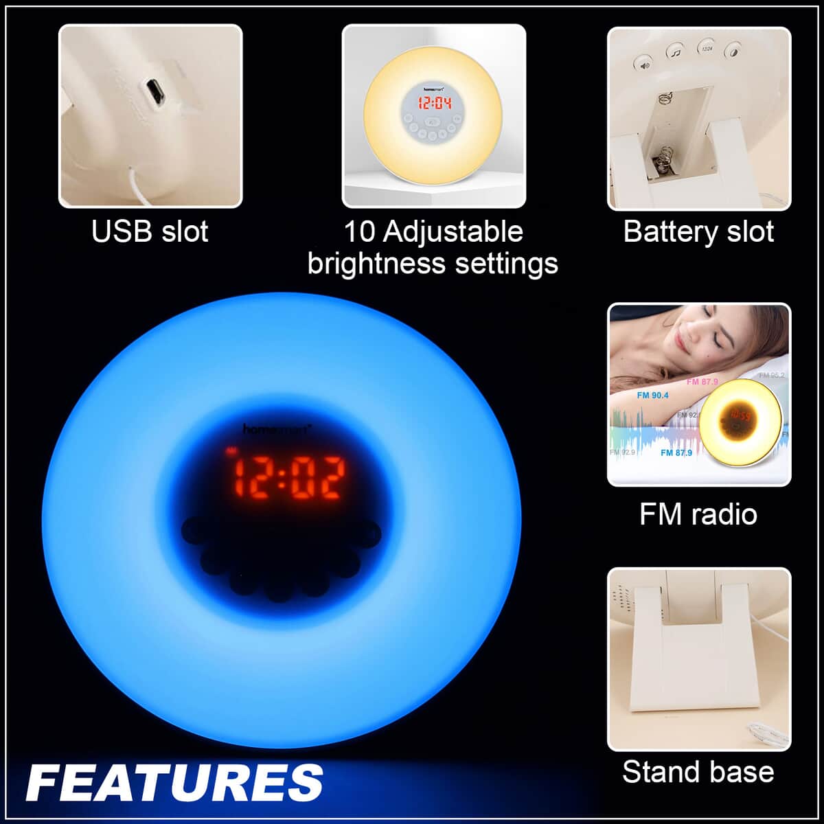 Homesmart White Wake Up Light With Alarm Clock Sunrise simulation, FM Radio, Color changing, Snooze, 10 Brightness Setting, 6 Natural Sounds image number 2