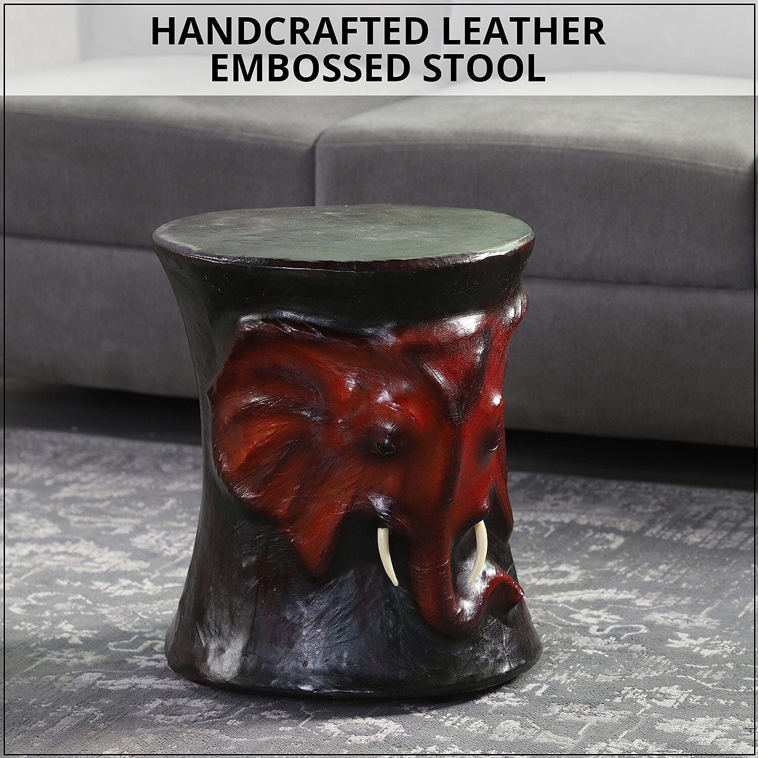 Handcrafted Leather Elephant Head Embossed Stool