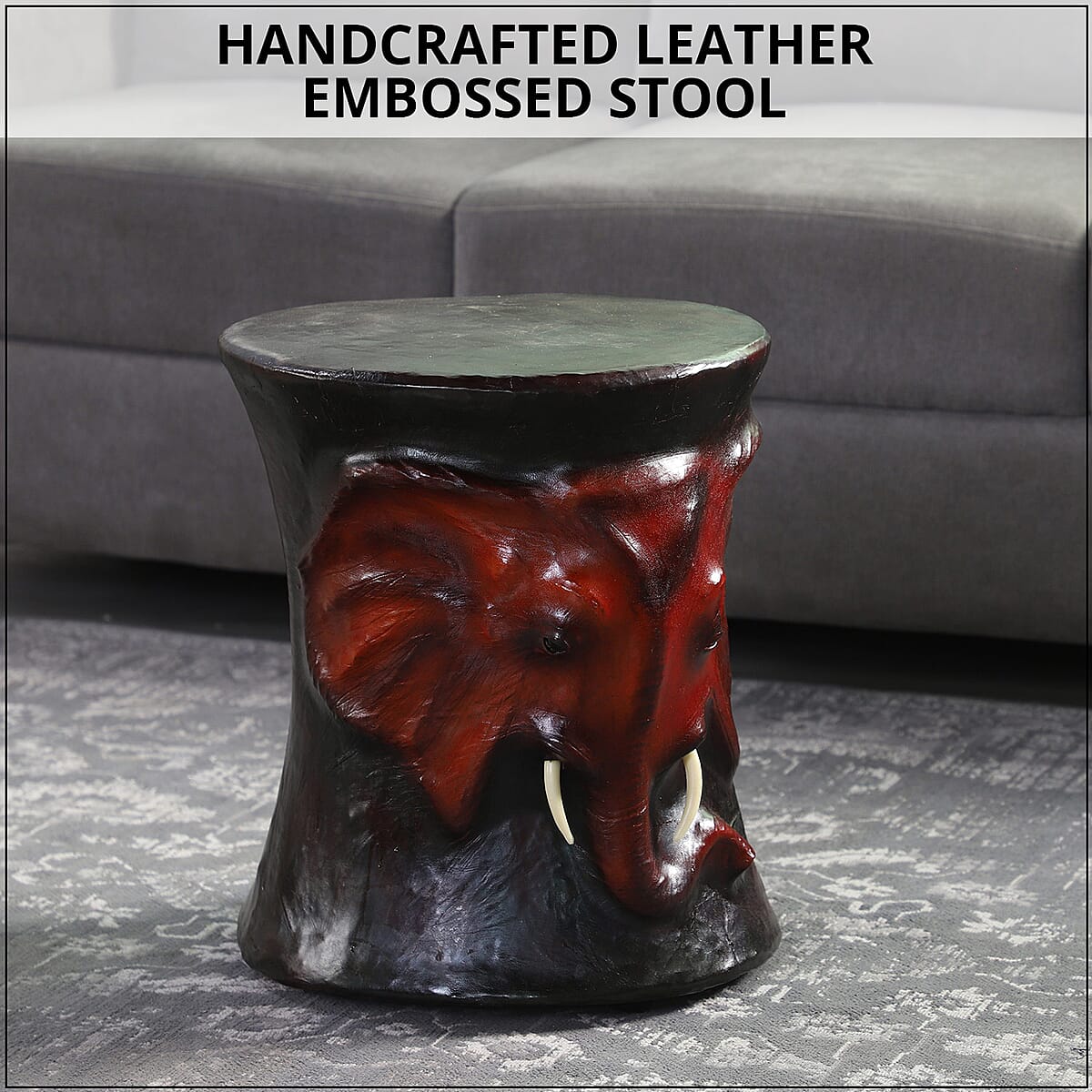 Handcrafted Leather Elephant Head Embossed Stool (14"x13") image number 1