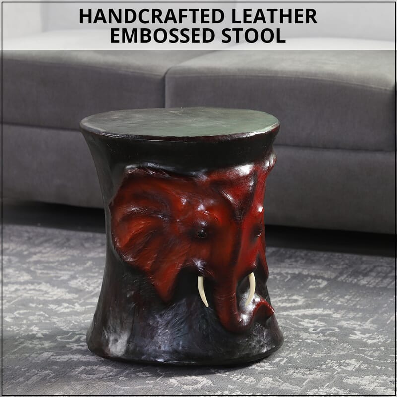 Handcrafted Leather Elephant Head Embossed Stool