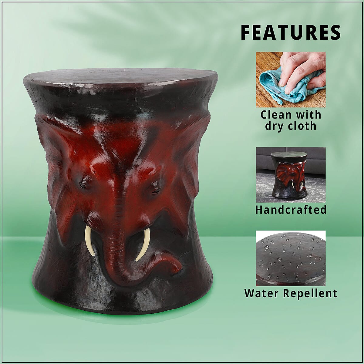 Handcrafted Leather Elephant Head Embossed Stool (14"x13") image number 2