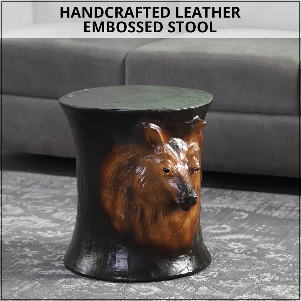 Handcrafted Leather Wolf Head Embossed Stool image number 1