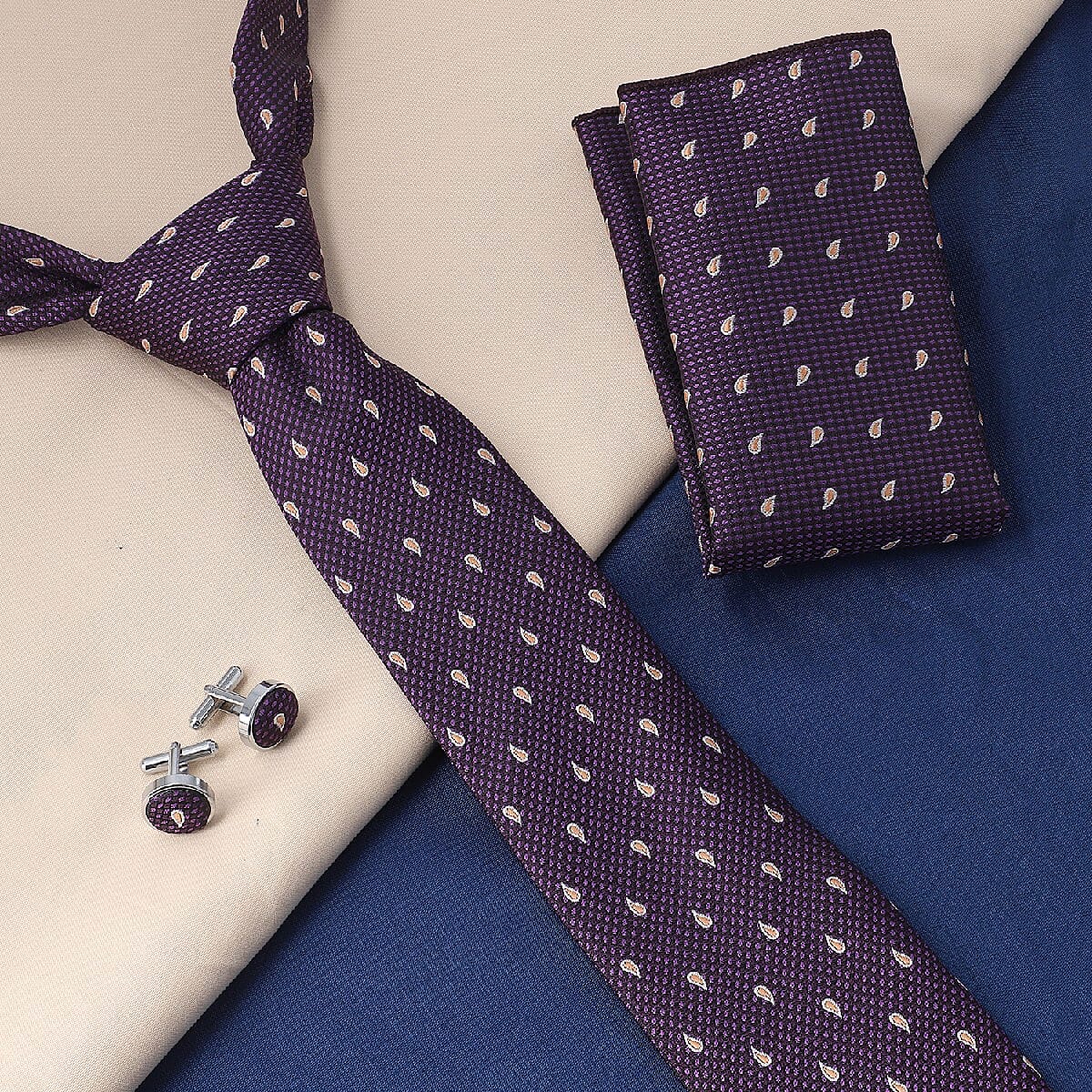 Purple Polyester Set of Tie, Cufflinks and Pocket Square image number 2