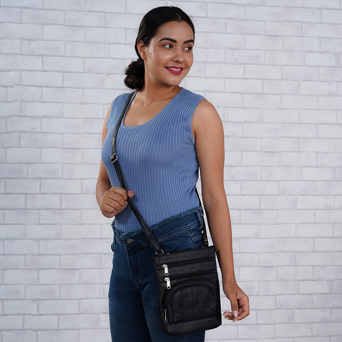 Black 100% Genuine Leather Triple Zip Sling Crossbody Messenger RFID Bag with Adjustable Shoulder Strap image number 1