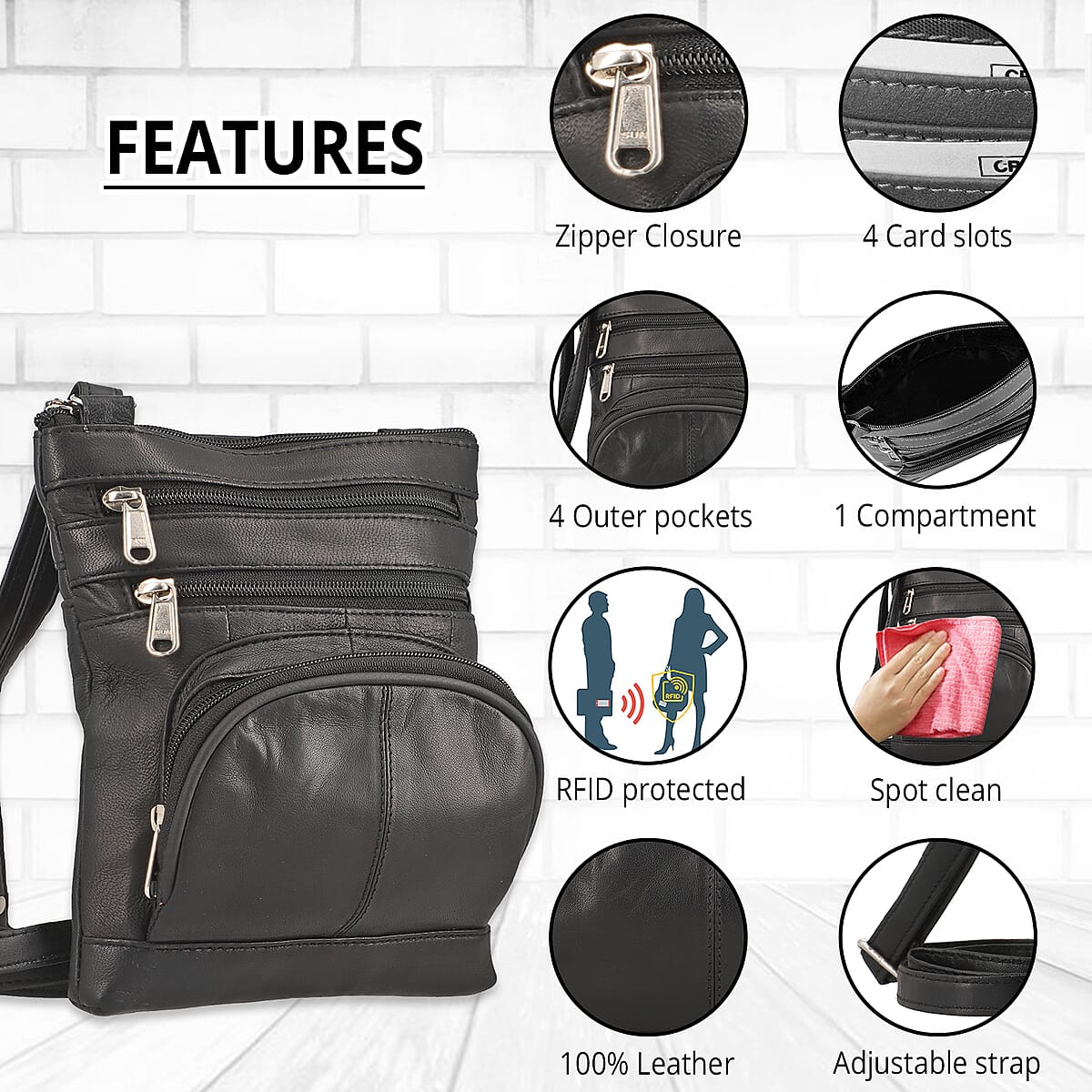 Black 100% Genuine Leather Triple Zip Sling Crossbody Messenger RFID Bag with Adjustable Shoulder Strap image number 3