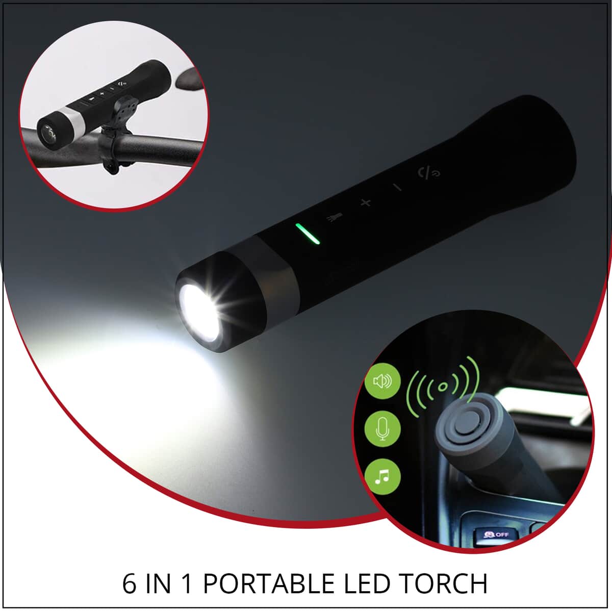 Black Multifunctional 6 In 1 Portable LED Flash Light, Power Bank, FM Radio, Bluetooth Enabled and Micro SD Card Enabled with USB Cable image number 1