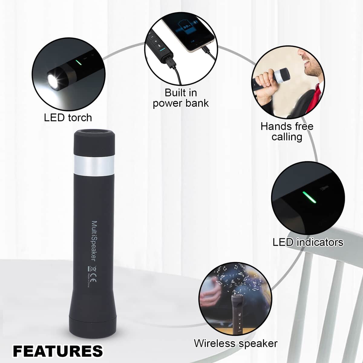 Black Multifunctional 6 In 1 Portable LED Flash Light, Power Bank, FM Radio, Bluetooth Enabled and Micro SD Card Enabled with USB Cable image number 2