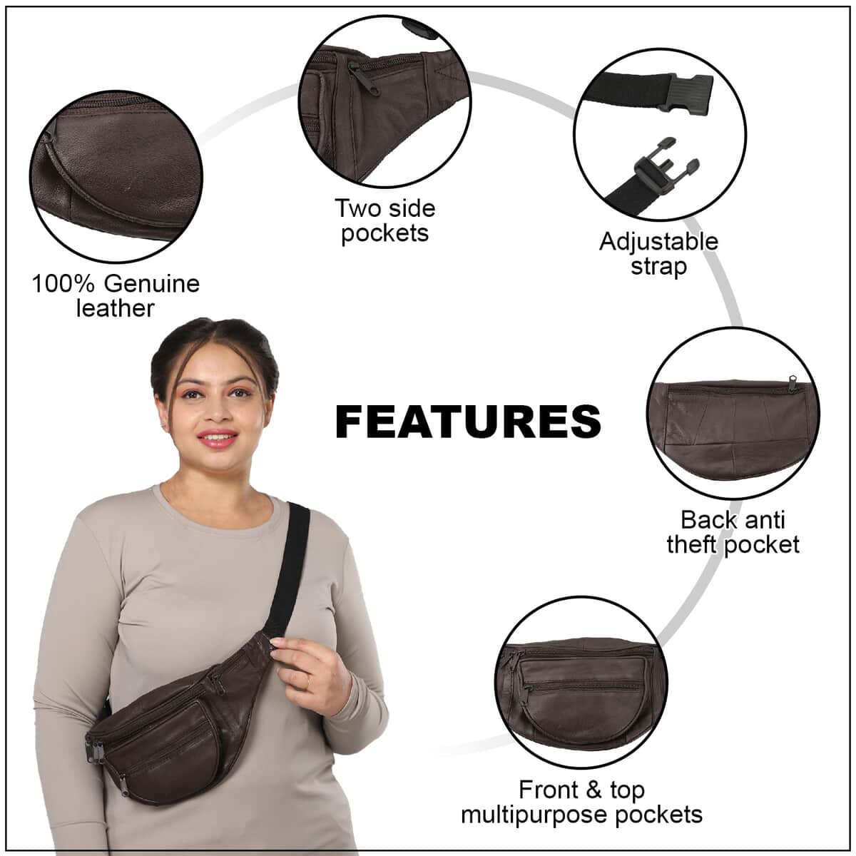 Newage Brown 100% Genuine Leather RFID Fanny Bag image number 2