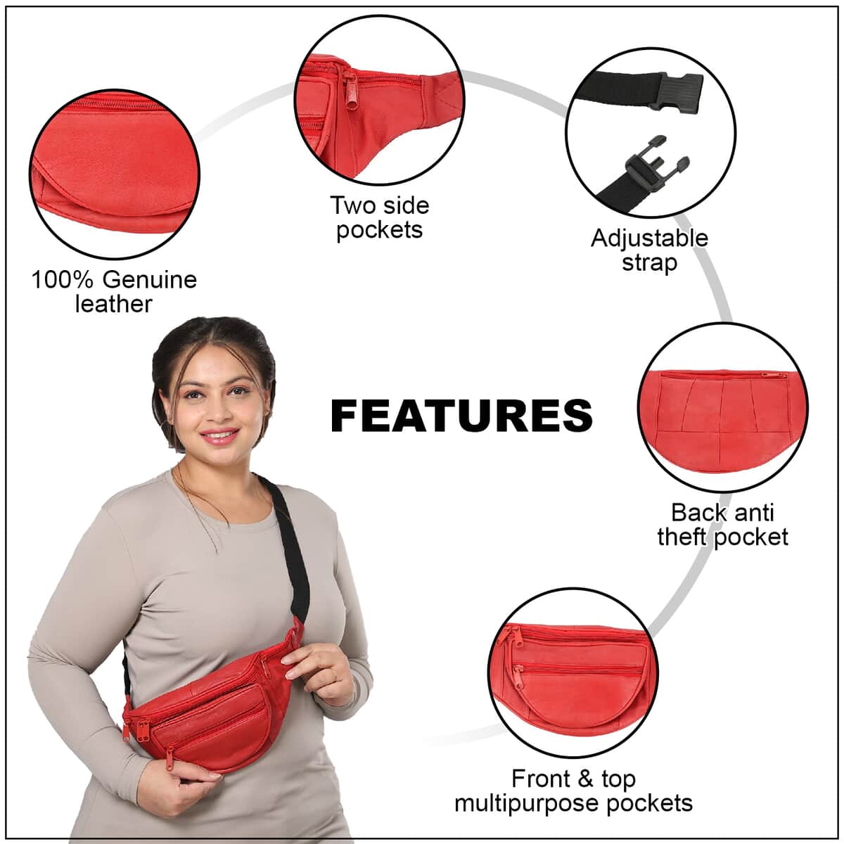 Newage Red 100% Genuine Leather RFID Fanny Bag image number 2