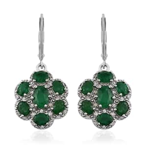 AAA Kagem Emerald and White Zircon Floral Lever Back Earrings in Sterling Silver 3.35 ctw