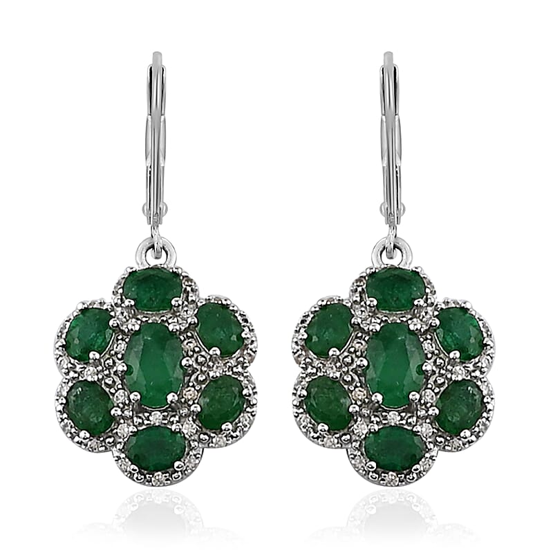 AAA Kagem Emerald and White Zircon Floral Lever Back Earrings in Sterling Silver 3.35 ctw