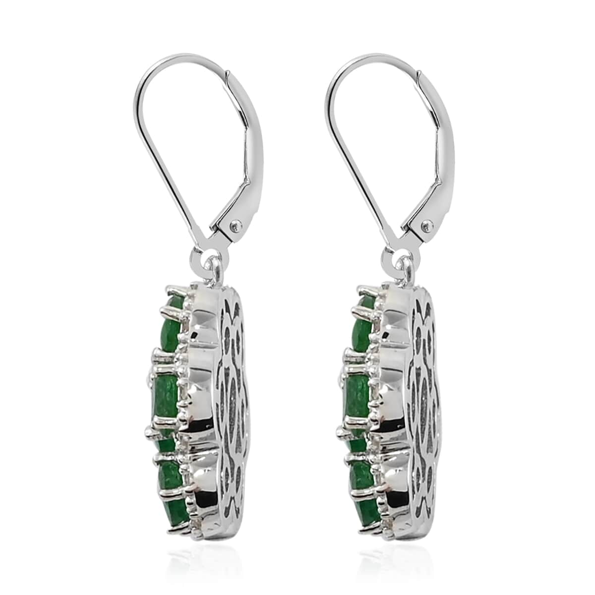 AAA Kagem Emerald and White Zircon Floral Lever Back Earrings in Sterling Silver 3.35 ctw image number 2