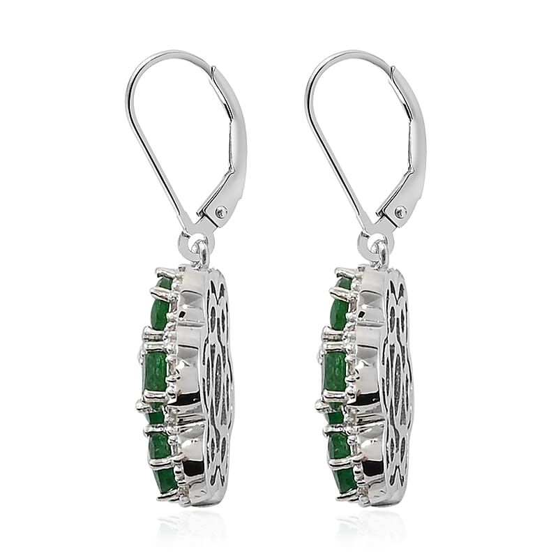 AAA Kagem Emerald and White Zircon Floral Lever Back Earrings in Sterling Silver 3.35 ctw