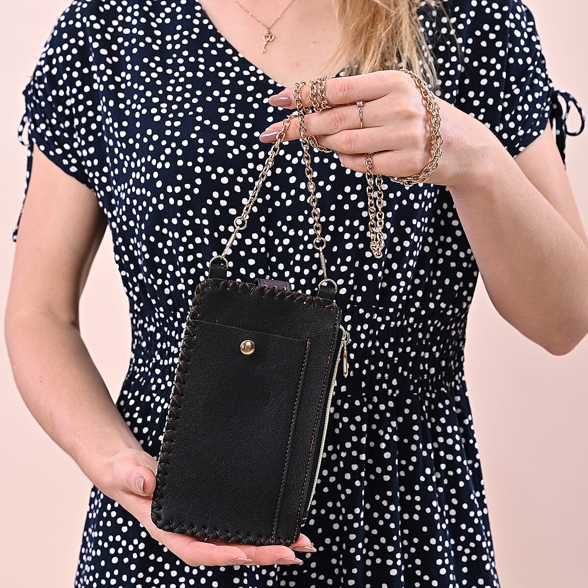 HongKong Closeout Stylish and Classic Paper Cut Pattern Cell Phone Bag with Chain Shoulder Strap - Dark Brown image number 2