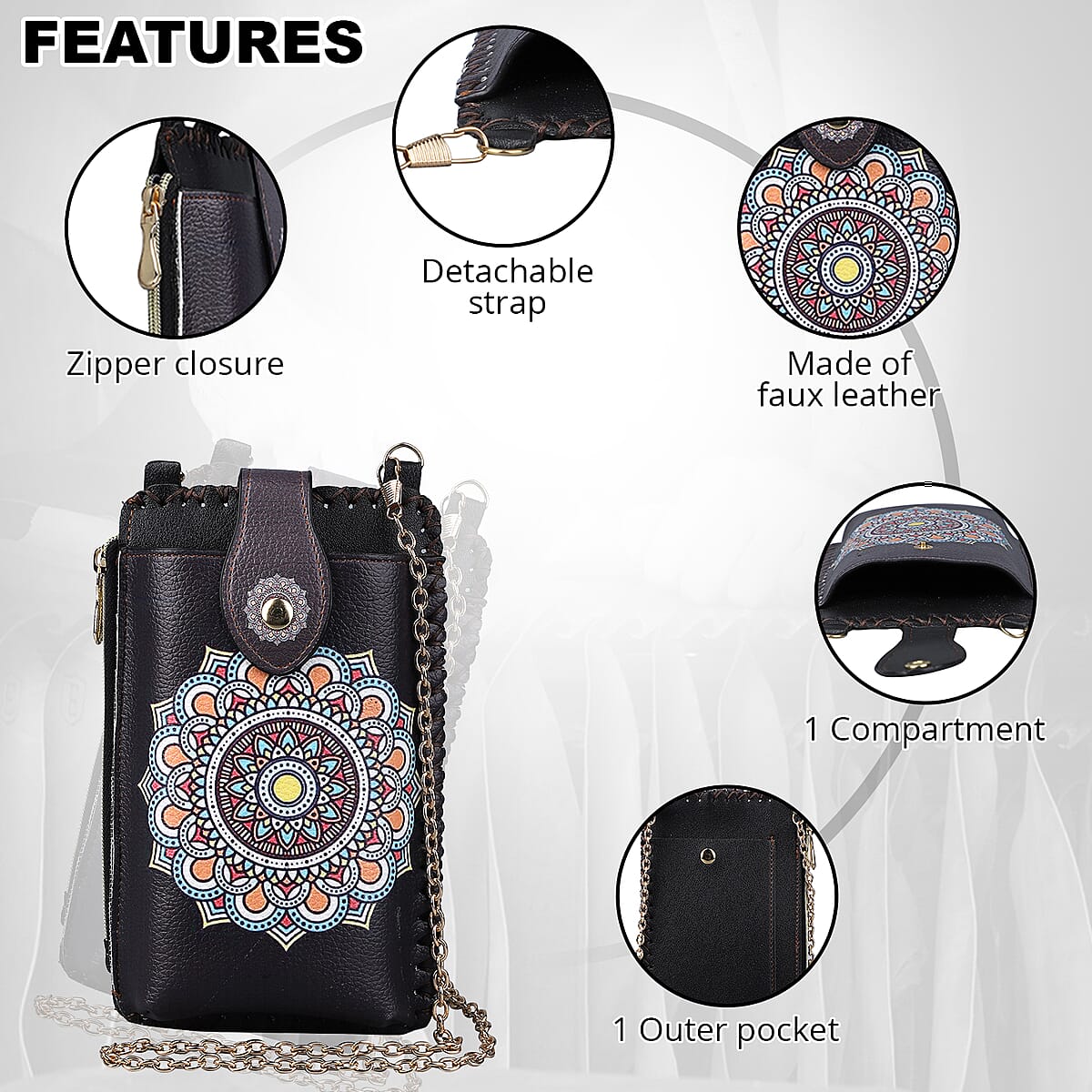 HongKong Closeout Stylish and Classic Paper Cut Pattern Cell Phone Bag with Chain Shoulder Strap - Dark Brown image number 3