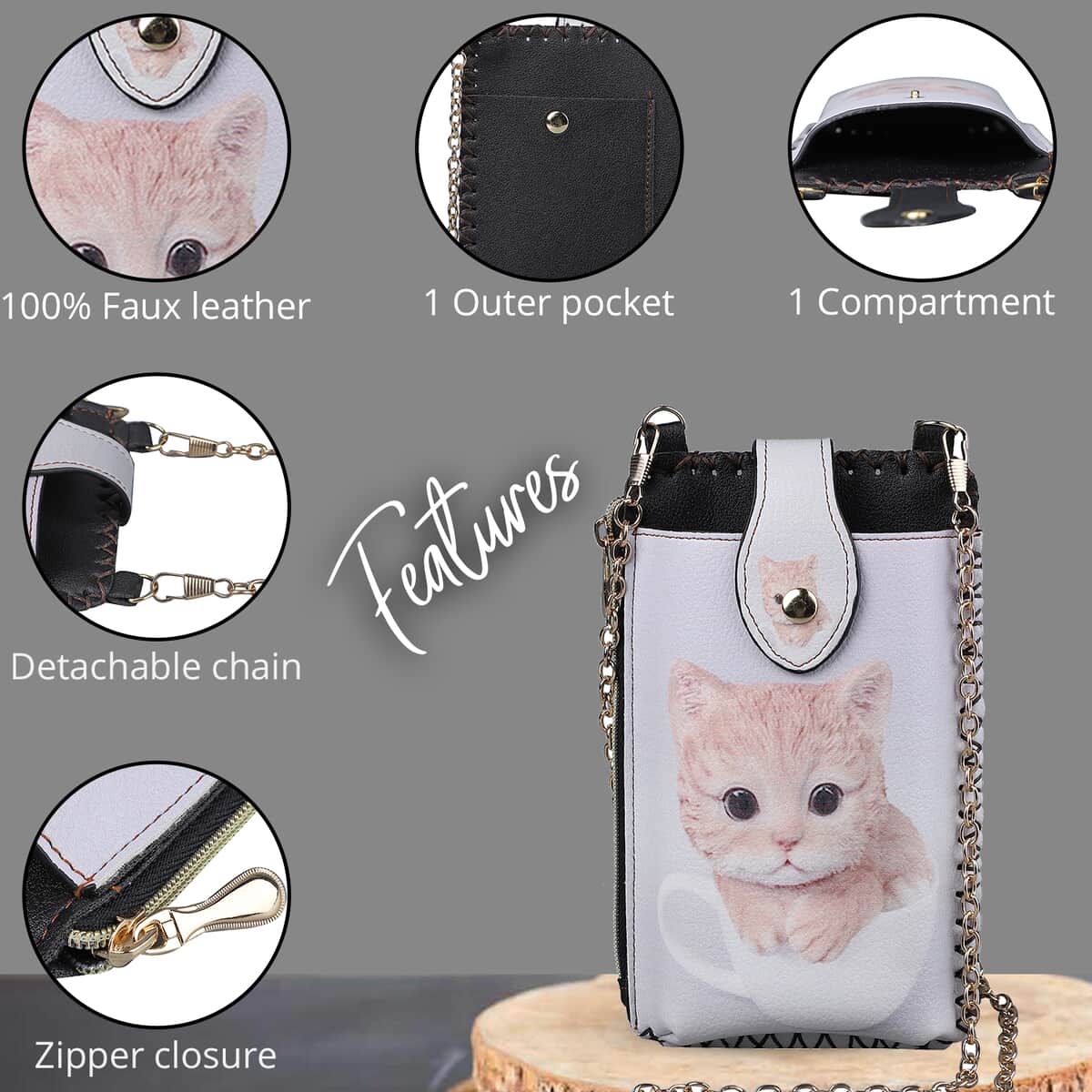 HongKong Closeout Stylish and Classic Cat Pattern Cell Phone Bag with Chain Shoulder Strap -Gray image number 2