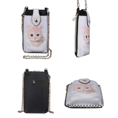 HongKong Closeout Stylish and Classic Cat Pattern Cell Phone Bag with Chain Shoulder Strap -Gray image number 5