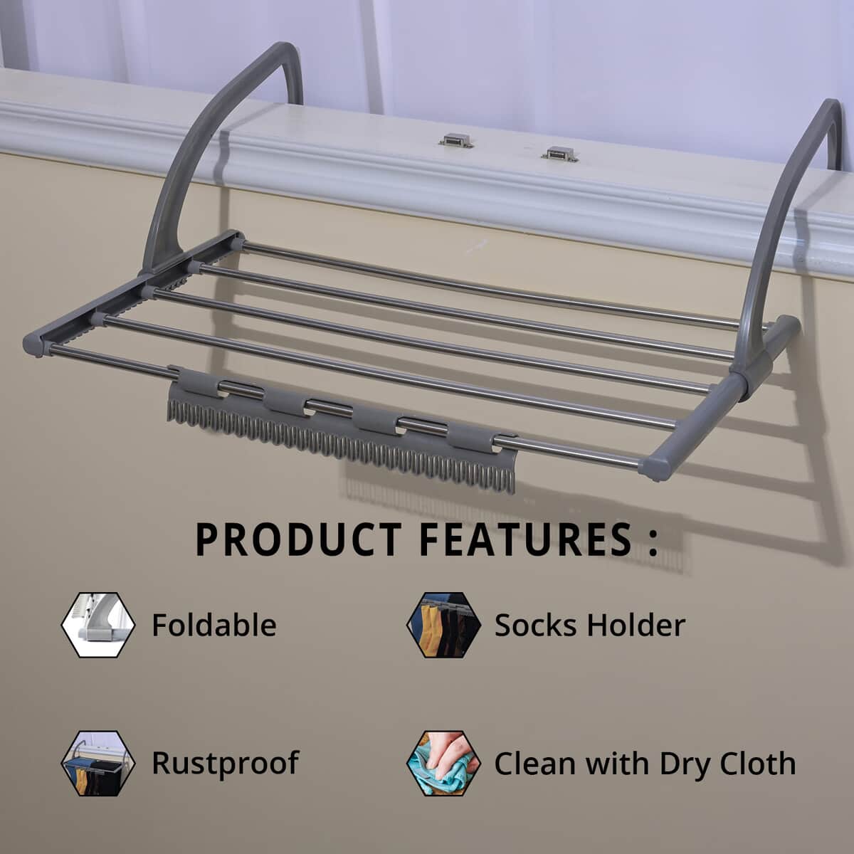 Gray Portable Clothes Drying Rack with Sock Clips image number 2