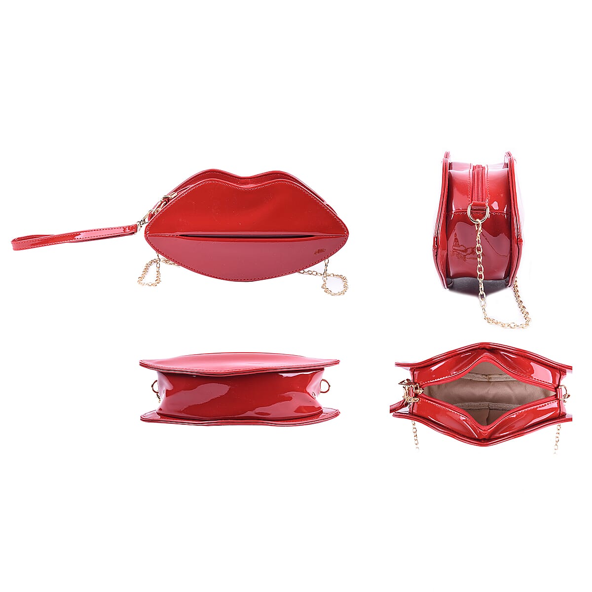 Red Faux Leather Iconic Lips Clutch Bag with Shoulder Strap image number 2