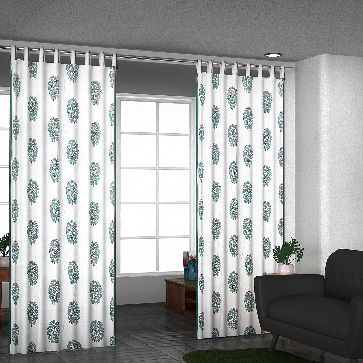 Pair of 2 Blue Screen Printed Cotton Mull Curtains with Tie Back & Loop