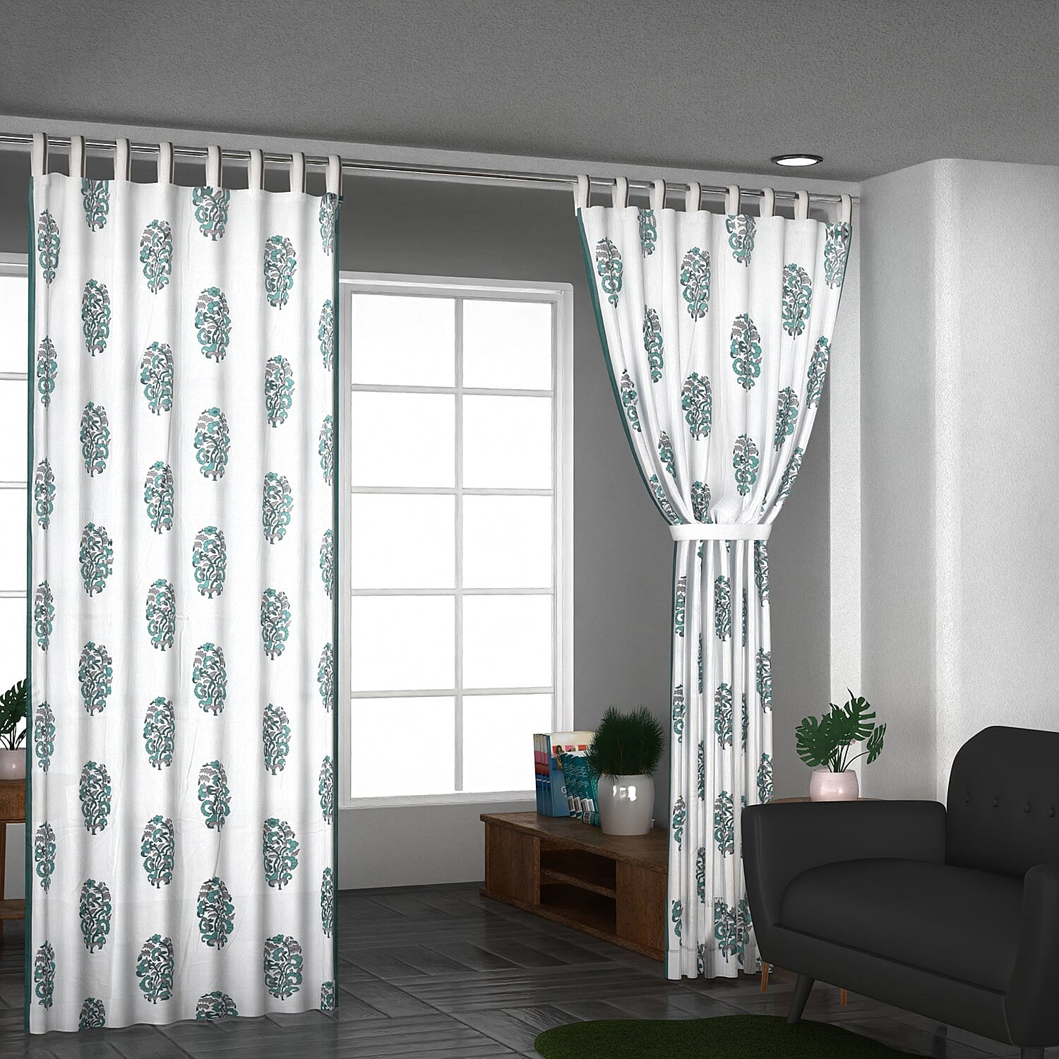Pair of 2 Blue Screen Printed Cotton Mull Curtains with Tie Back & Loop
