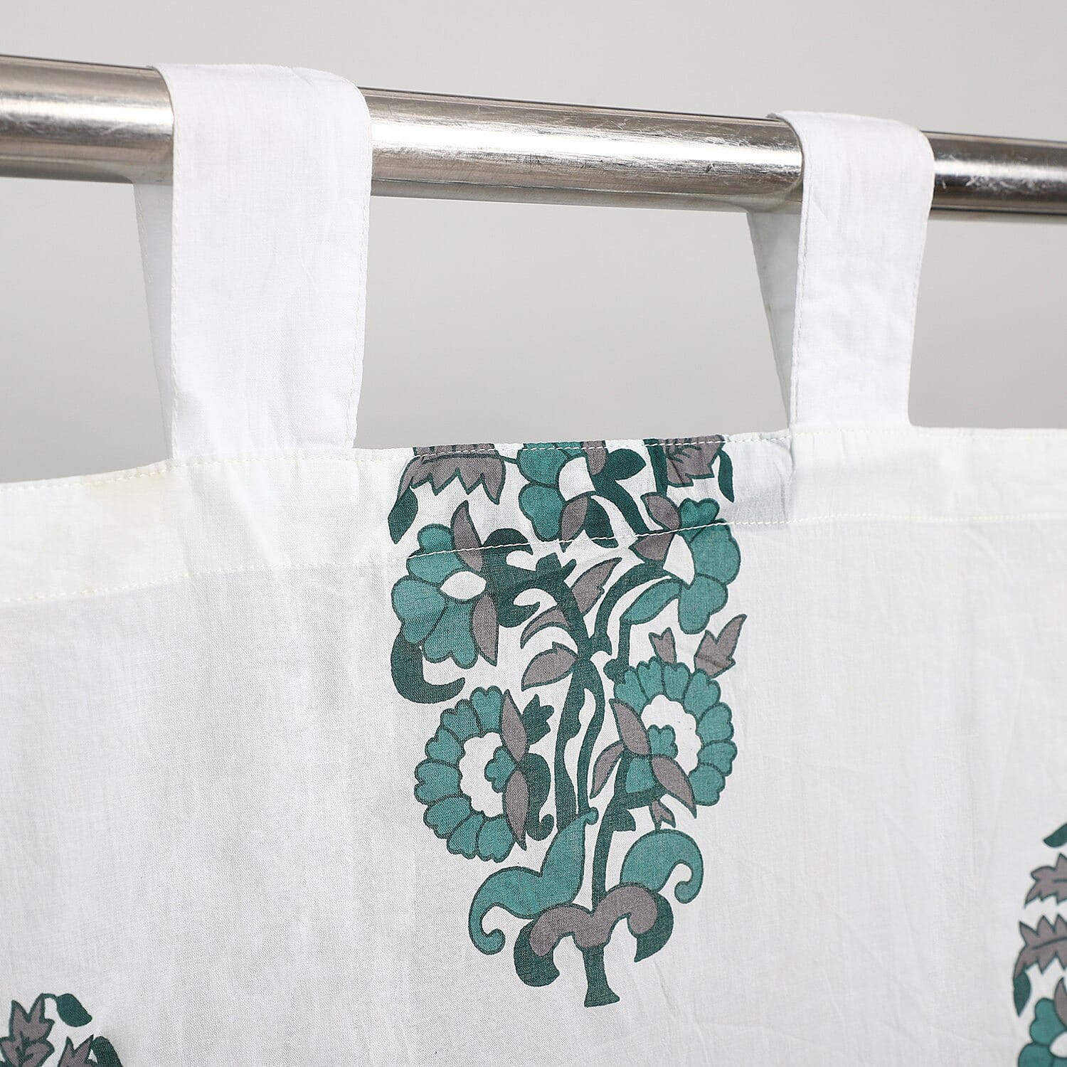 Pair of 2 Blue Screen Printed Cotton Mull Curtains with Tie Back & Loop