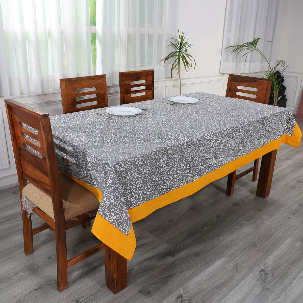 Grey Mustard Screen Printed Cotton Sheeting Table Cover image number 0