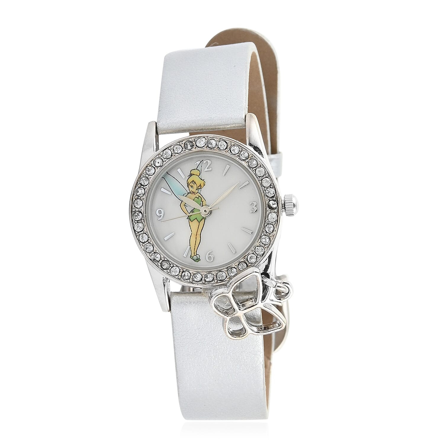 Disney Tinkerbell Japanese Movement Crystal Butterfly Charm Watch with Silver Strap (24mm)