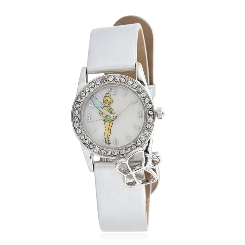 Disney Tinkerbell Japanese Movement Crystal Butterfly Charm Watch with Silver Strap (24mm)