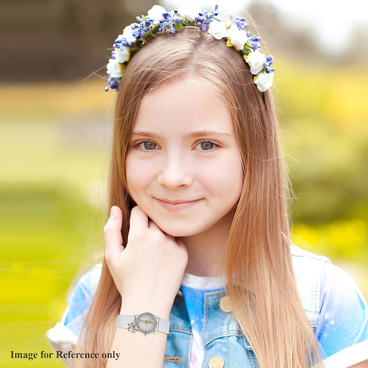 Disney Tinkerbell Japanese Movement Crystal Butterfly Charm Watch with Silver Strap (24mm) image number 1