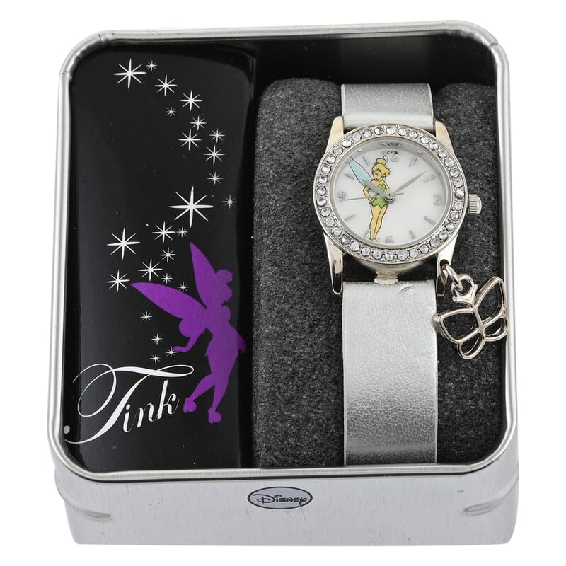 Disney Tinkerbell Japanese Movement Crystal Butterfly Charm Watch with Silver Strap (24mm)