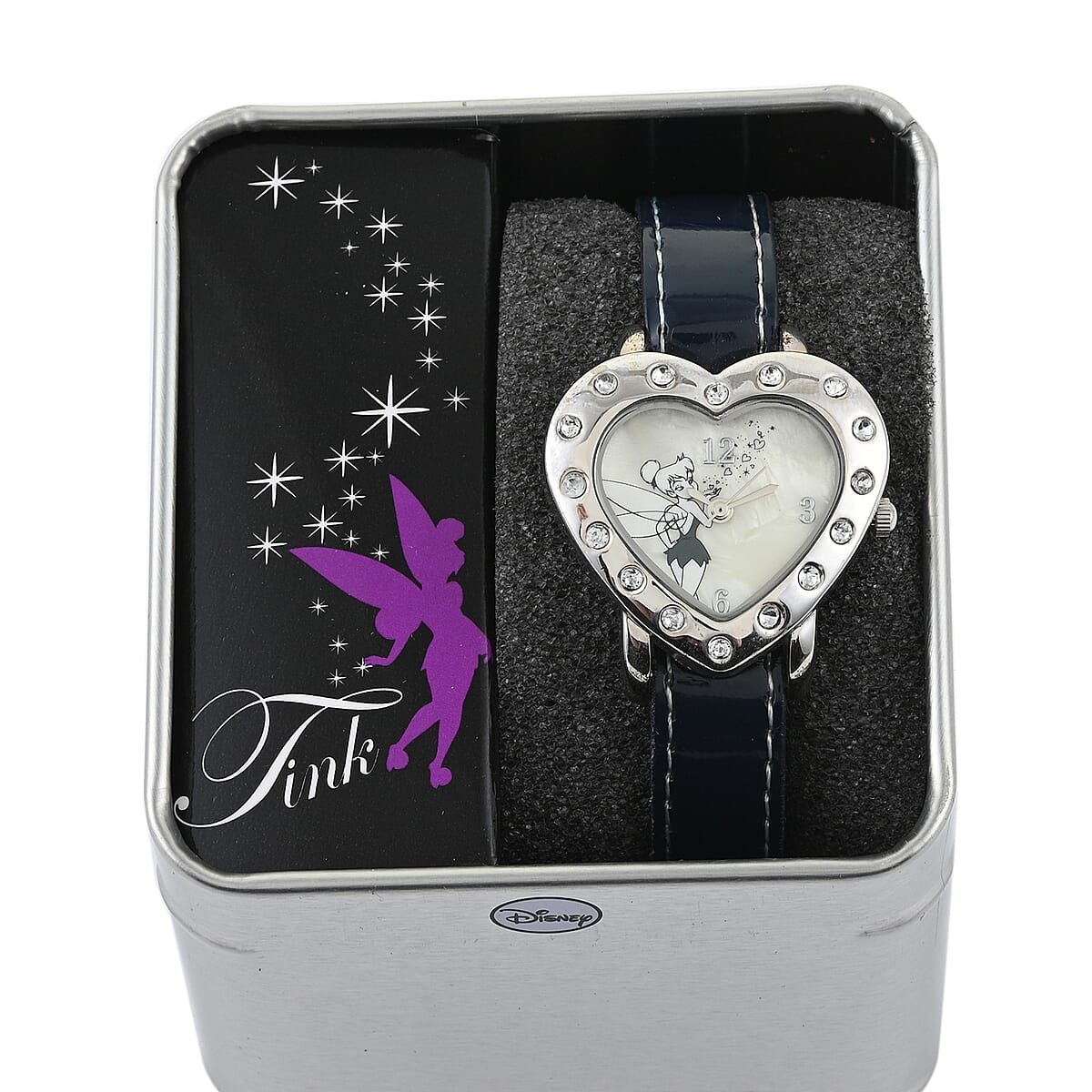 Disney Tinkerbell Crystal Heart Japanese Movement Studded Heart Watch with Navy Strap (30mm) image number 3