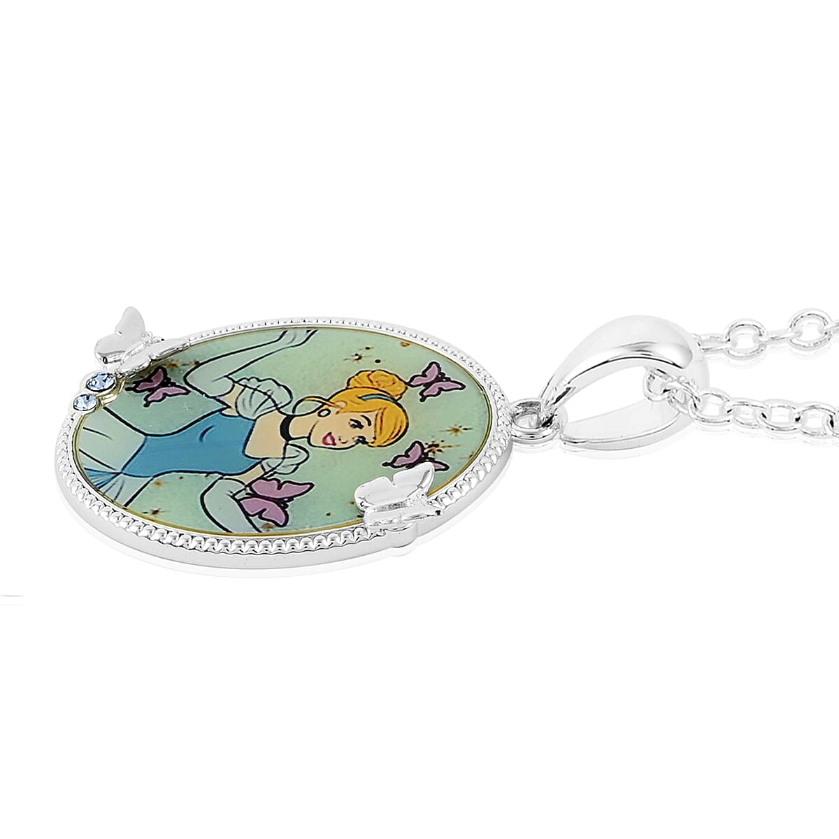 Disney Cinderella with Butterflies and Sapphire Austrian Crystal Necklace 18 Inches in Silvertone image number 2