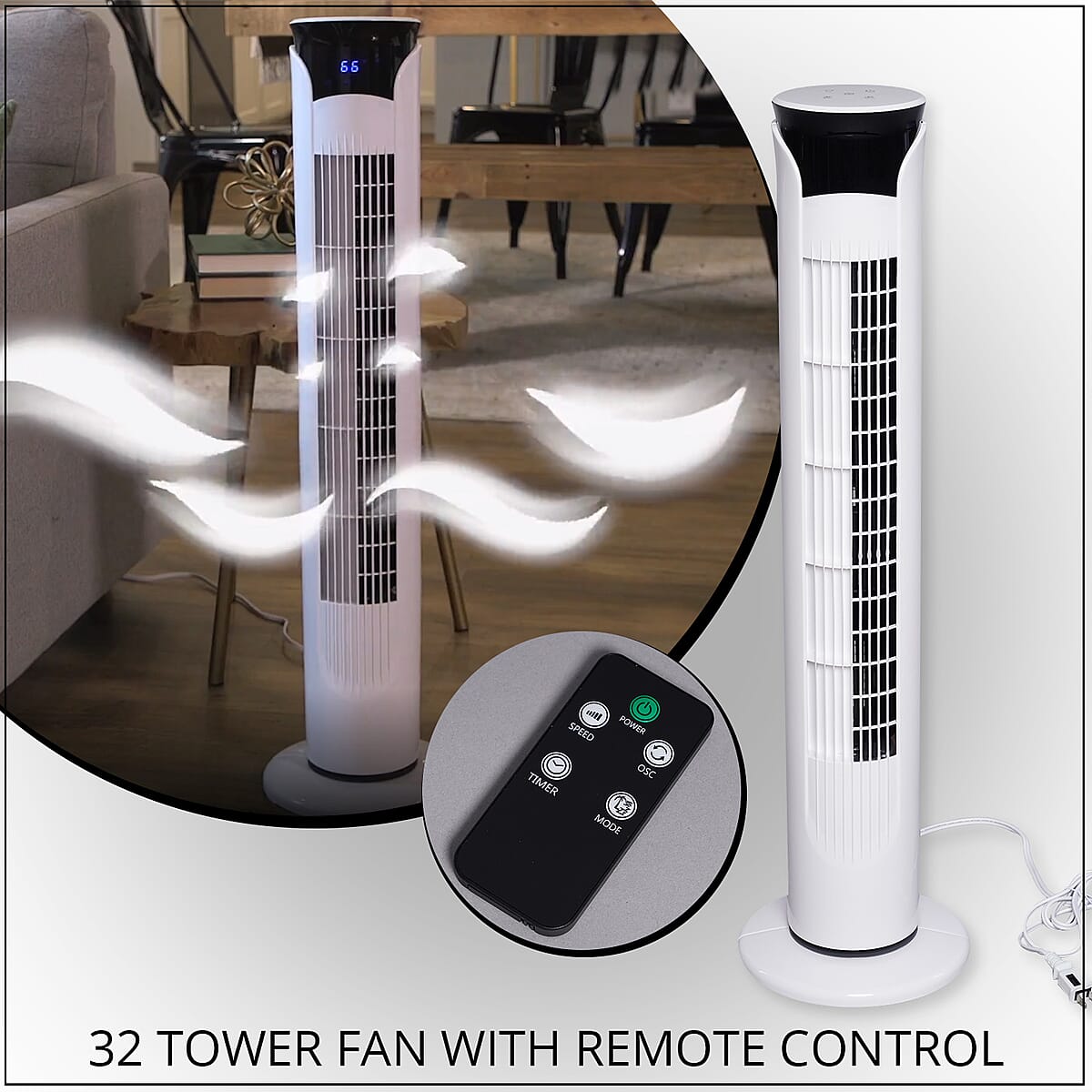 32 Inches Tower Fan with Remote Control, Oscillation and 3 Speeds image number 1