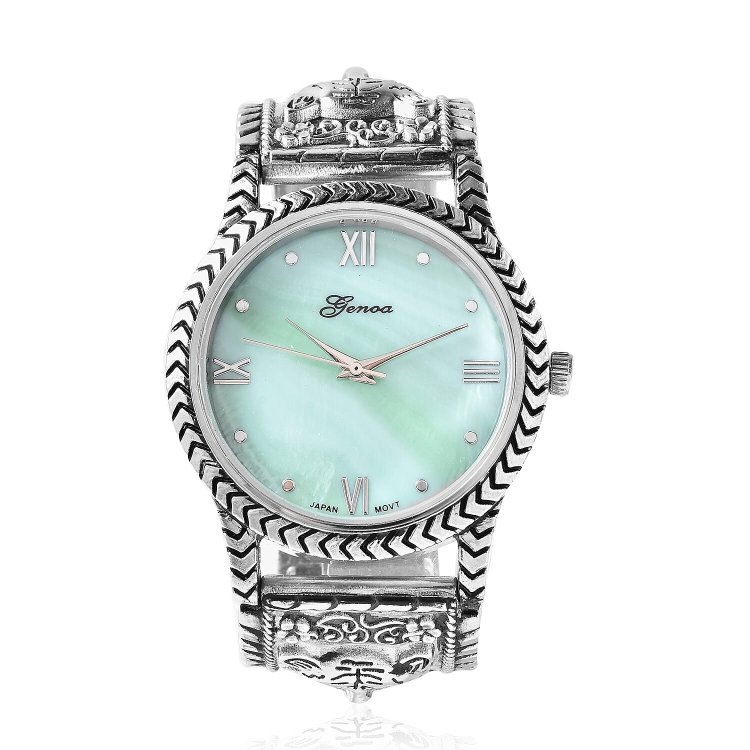 Genoa Green MOP Japanese Movement Malachite Studded Carved Tiger Pattern Bracelet Watch