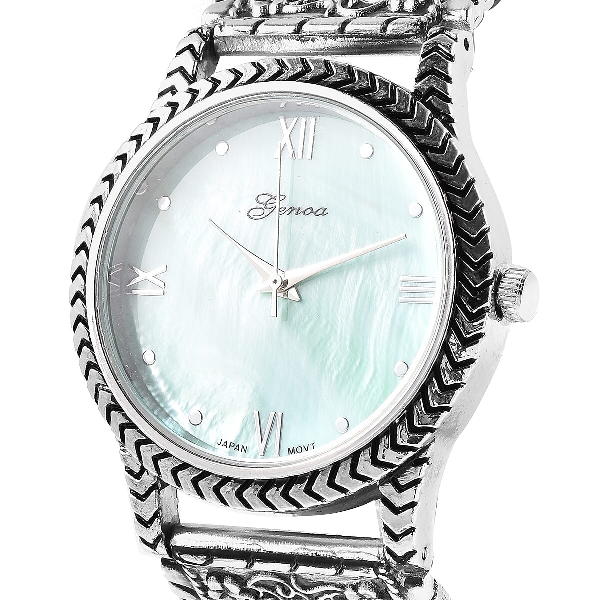 Genoa Green MOP Japanese Movement Malachite Studded Carved Tiger Pattern Bracelet Watch
