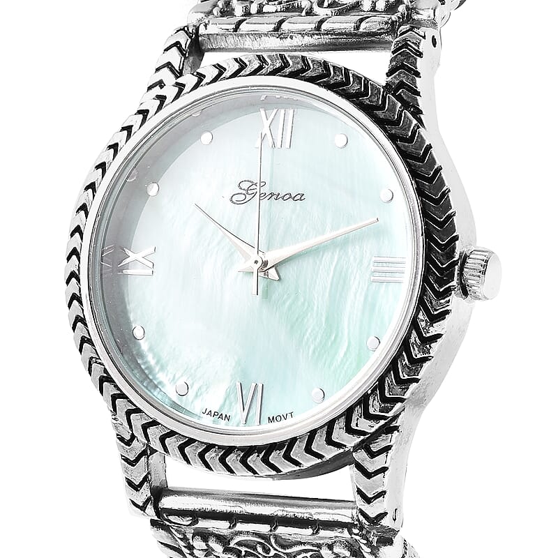 Genoa Green MOP Japanese Movement Malachite Studded Carved Tiger Pattern Bracelet Watch