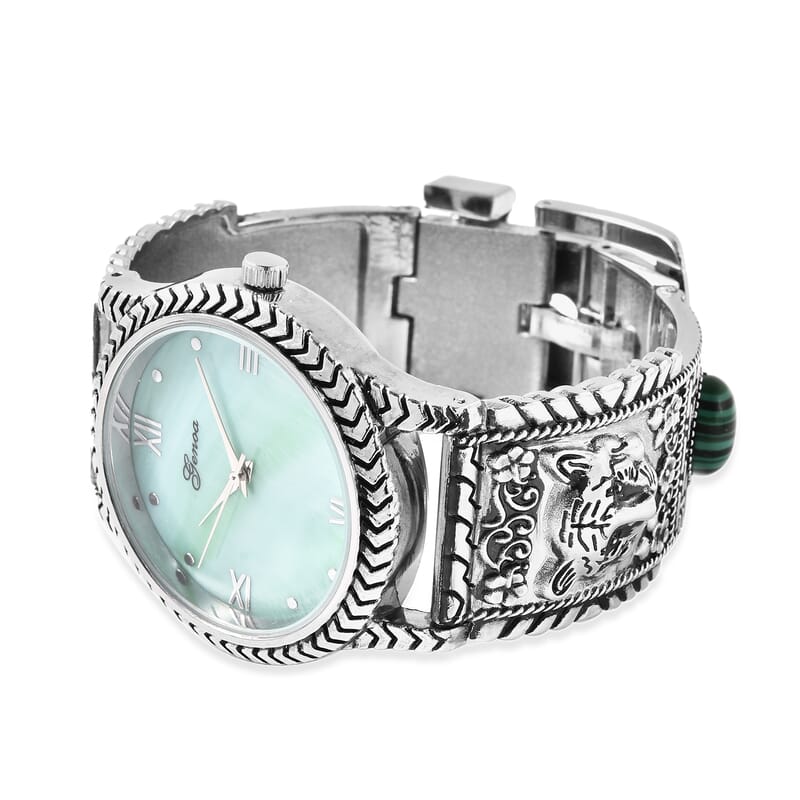 Genoa Green MOP Japanese Movement Malachite Studded Carved Tiger Pattern Bracelet Watch