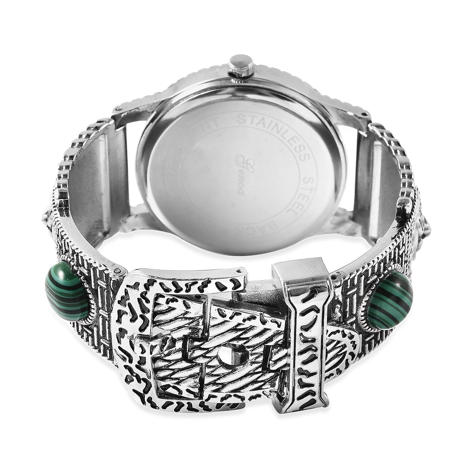 Genoa Green MOP Japanese Movement Malachite Studded Carved Tiger Pattern Bracelet Watch