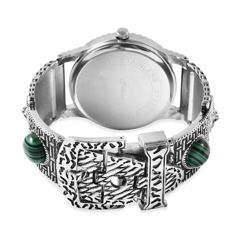 Genoa Green MOP Japanese Movement Malachite Studded Carved Tiger Pattern Bracelet Watch