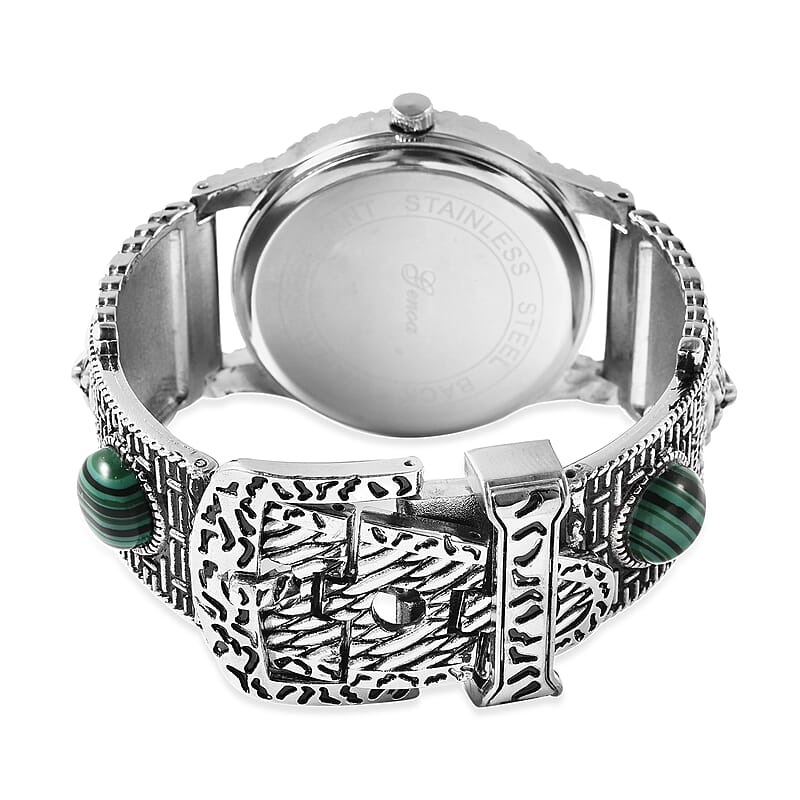 Genoa Green MOP Japanese Movement Malachite Studded Carved Tiger Pattern Bracelet Watch