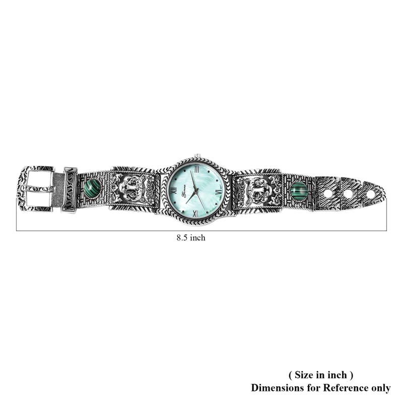 Genoa Green MOP Japanese Movement Malachite Studded Carved Tiger Pattern Bracelet Watch