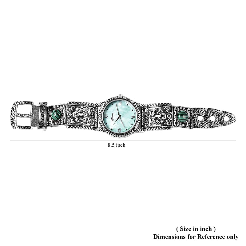 Genoa Green MOP Japanese Movement Malachite Studded Carved Tiger Pattern Bracelet Watch
