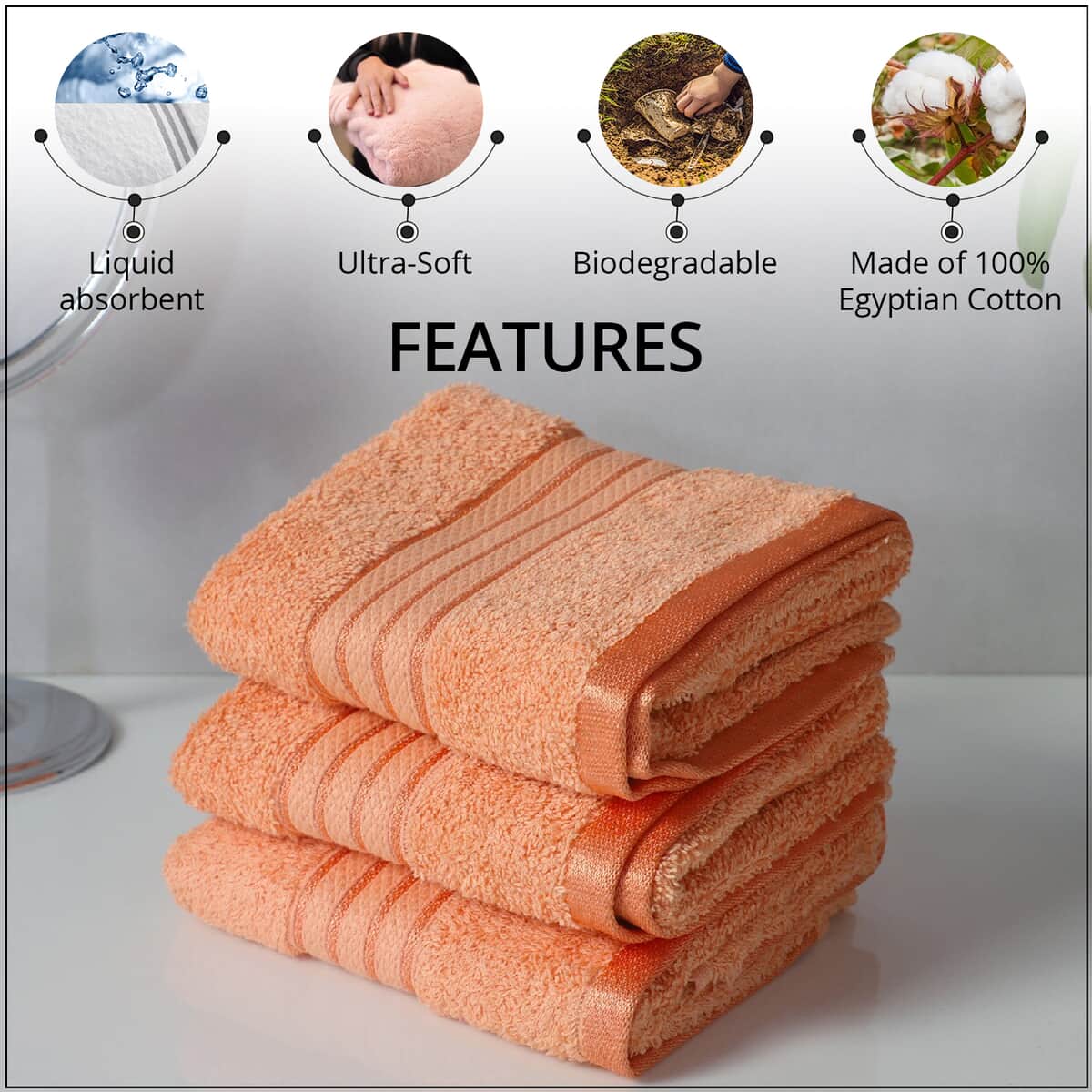 Homesmart Set of 3 Peach 100% Egyptian Cotton Terry Hand Towels image number 2