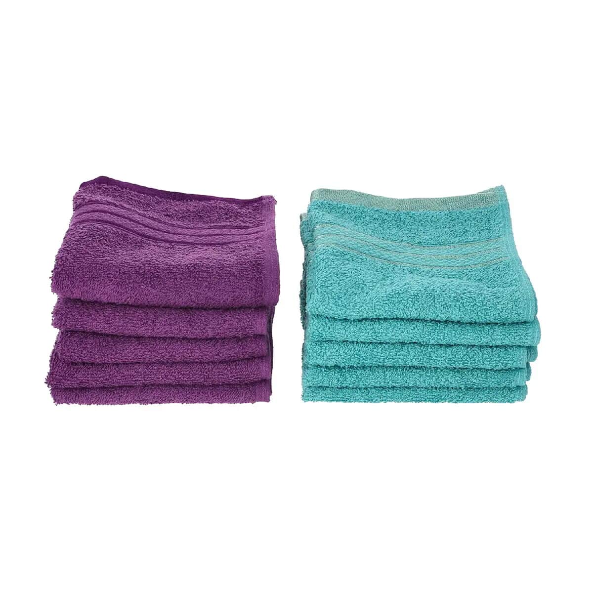 Set of 10 Turquoise and Purple 100% Egyptian Cotton Terry Face Towels image number 0