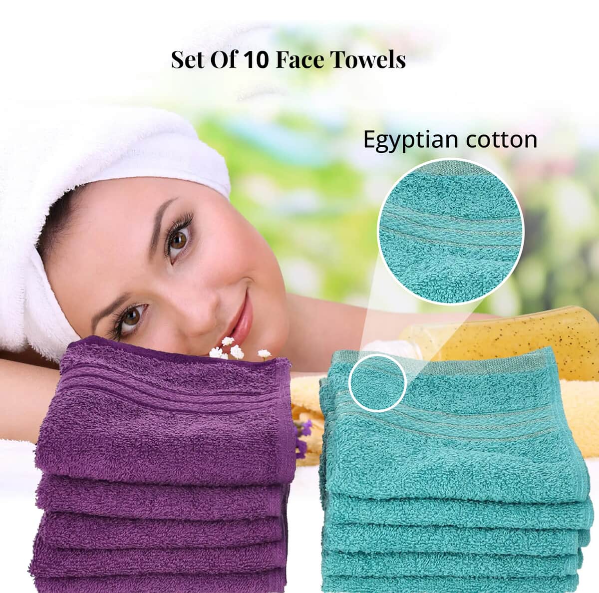 Set of 10 Turquoise and Purple 100% Egyptian Cotton Terry Face Towels image number 1